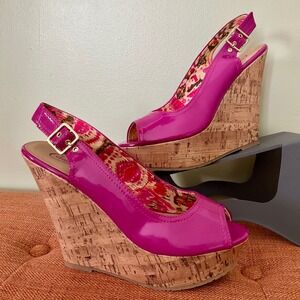 NWOT Candies Magenta Pink Cork Wedge Platform Slingback Peep Toe Sandals Chunky